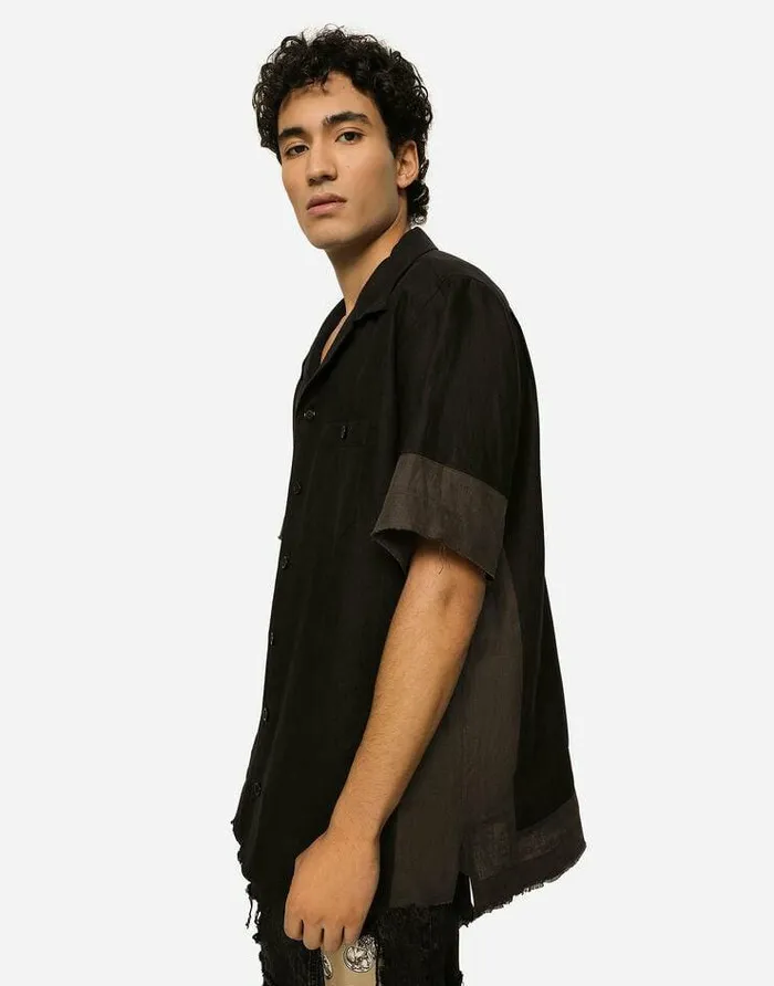 Dolce and Gabbana Shirts Men Linen Canvas Hawaiian Shirt With Inserts Black Dolce and Gabbana Shirts Men Linen Canvas Hawaiian Shirt With Inserts Black