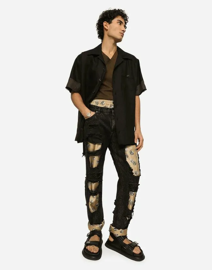 Dolce and Gabbana Shirts Men Linen Canvas Hawaiian Shirt With Inserts Black Dolce and Gabbana Shirts Men Linen Canvas Hawaiian Shirt With Inserts Black