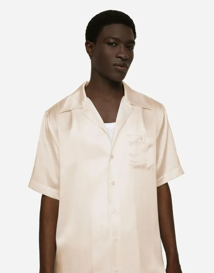 Dolce and Gabbana Shirts Men Silk Satin Hawaiian Shirt With Metal DG Logo Pale Pink