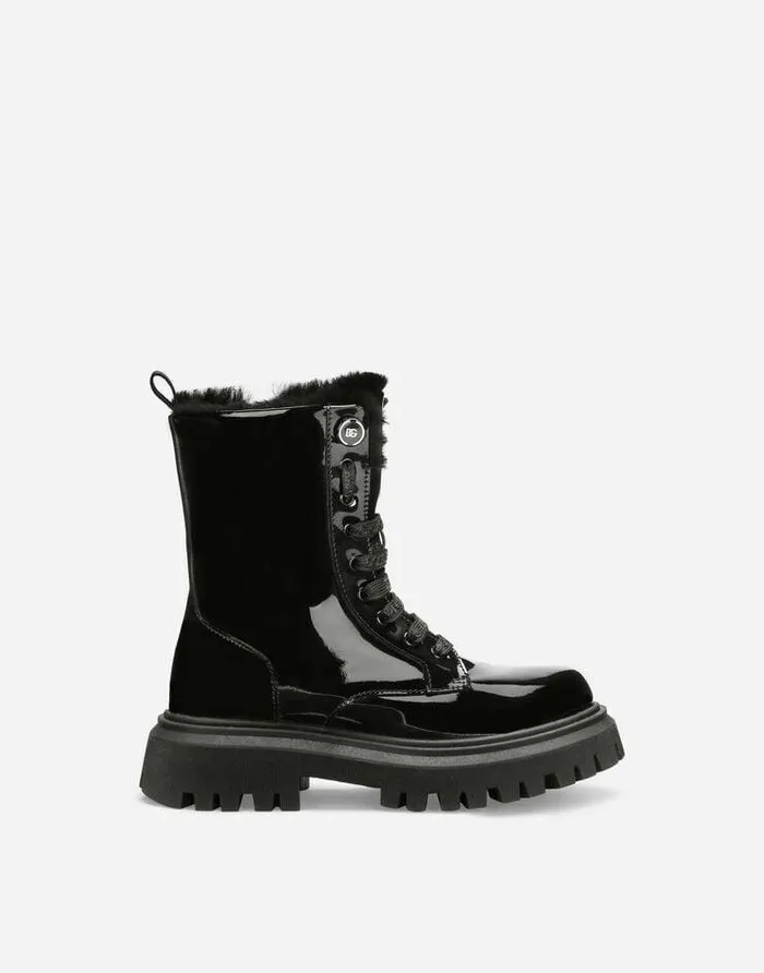 Dolce and Gabbana Shoes 2438 Children Patent Leather Combat Boots With Faux Fur Lining Black