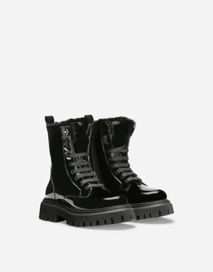Dolce and Gabbana Shoes 2438 Children Patent Leather Combat Boots With Faux Fur Lining Black Dolce and Gabbana Shoes 2438 Children Patent Leather Combat Boots With Faux Fur Lining Black