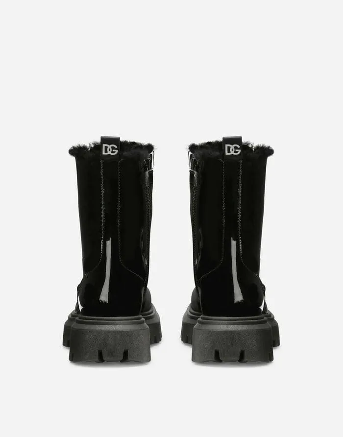 Dolce and Gabbana Shoes 2438 Children Patent Leather Combat Boots With Faux Fur Lining Black Dolce and Gabbana Shoes 2438 Children Patent Leather Combat Boots With Faux Fur Lining Black