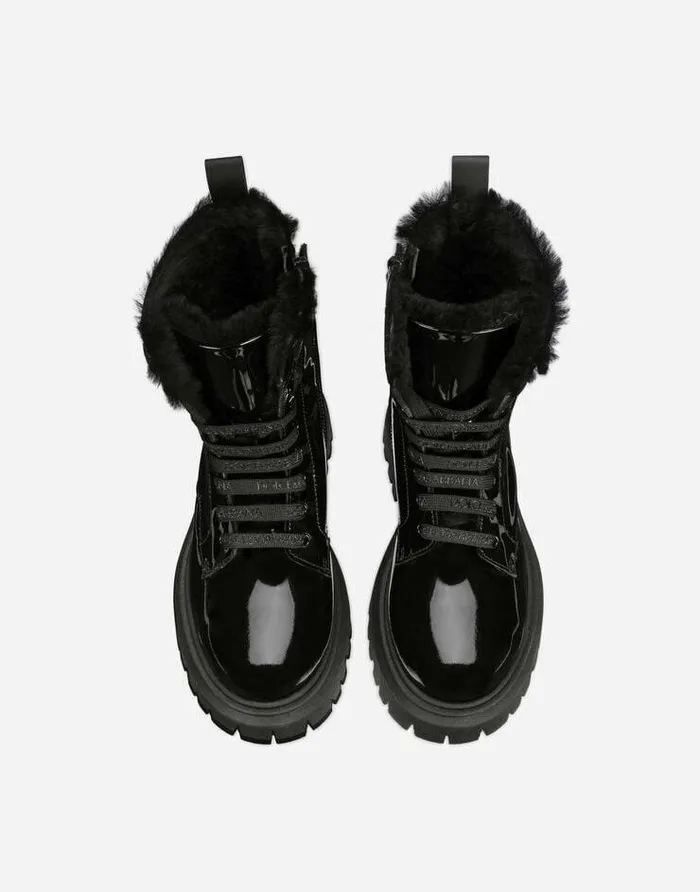 Dolce and Gabbana Shoes 2438 Children Patent Leather Combat Boots With Faux Fur Lining Black Dolce and Gabbana Shoes 2438 Children Patent Leather Combat Boots With Faux Fur Lining Black
