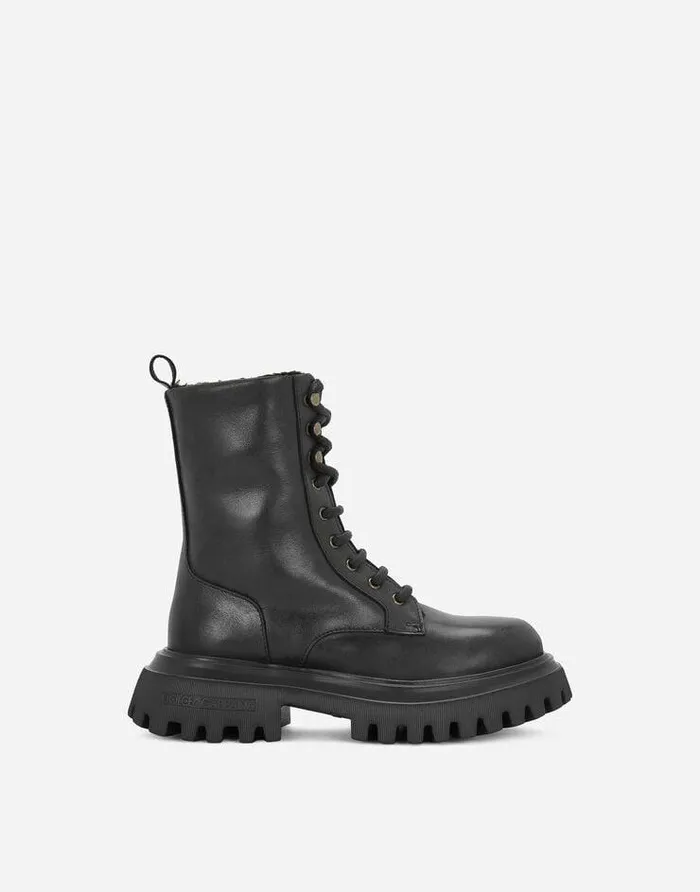 Dolce and Gabbana Shoes 2438 Children Vintage Calfskin Hi Trekking Ankle Boots Black