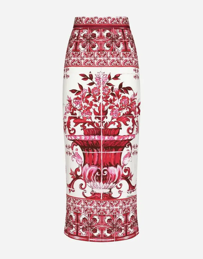 Dolce and Gabbana Skirts Women Majolicaprint Charmeuse Calflength Skirt Multicolor Dolce and Gabbana Skirts Women Majolicaprint Charmeuse Calflength Skirt Multicolor