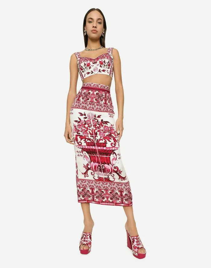 Dolce and Gabbana Skirts Women Majolicaprint Charmeuse Calflength Skirt Multicolor Dolce and Gabbana Skirts Women Majolicaprint Charmeuse Calflength Skirt Multicolor