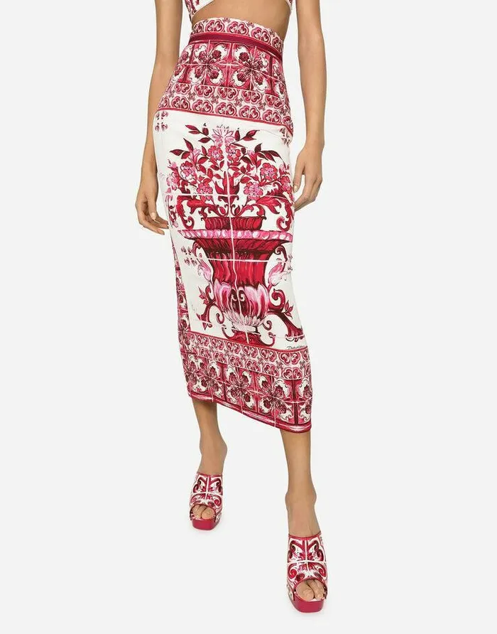 Dolce and Gabbana Skirts Women Majolicaprint Charmeuse Calflength Skirt Multicolor Dolce and Gabbana Skirts Women Majolicaprint Charmeuse Calflength Skirt Multicolor