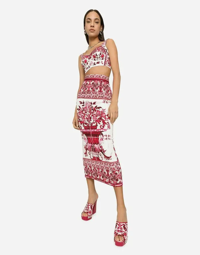 Dolce and Gabbana Skirts Women Majolicaprint Charmeuse Calflength Skirt Multicolor Dolce and Gabbana Skirts Women Majolicaprint Charmeuse Calflength Skirt Multicolor
