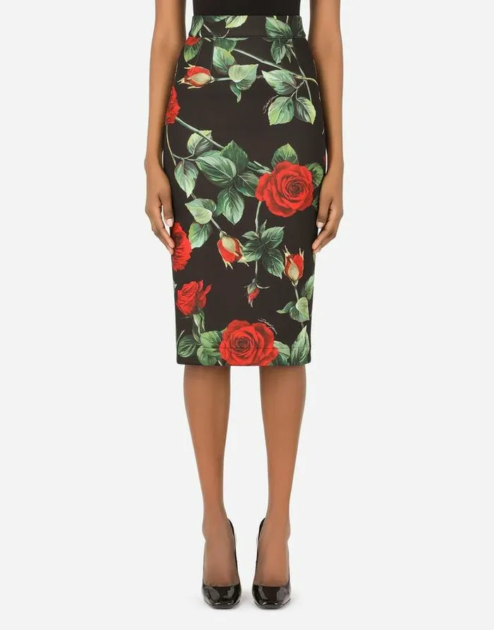 Dolce and Gabbana Skirts Women Roseprint Technical Jersey Midi Skirt Multicolor Dolce and Gabbana Skirts Women Roseprint Technical Jersey Midi Skirt Multicolor