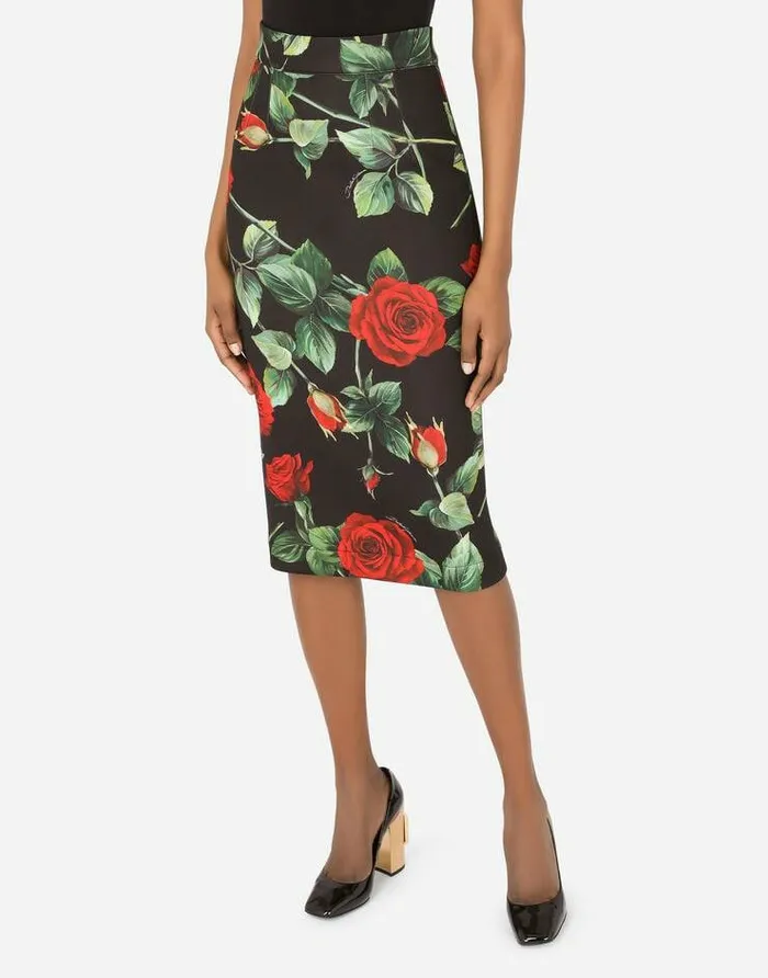 Dolce and Gabbana Skirts Women Roseprint Technical Jersey Midi Skirt Multicolor Dolce and Gabbana Skirts Women Roseprint Technical Jersey Midi Skirt Multicolor