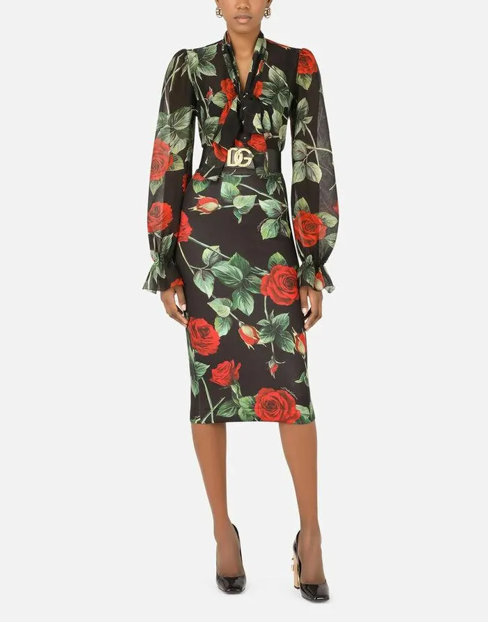 Dolce and Gabbana Skirts Women Roseprint Technical Jersey Midi Skirt Multicolor Dolce and Gabbana Skirts Women Roseprint Technical Jersey Midi Skirt Multicolor