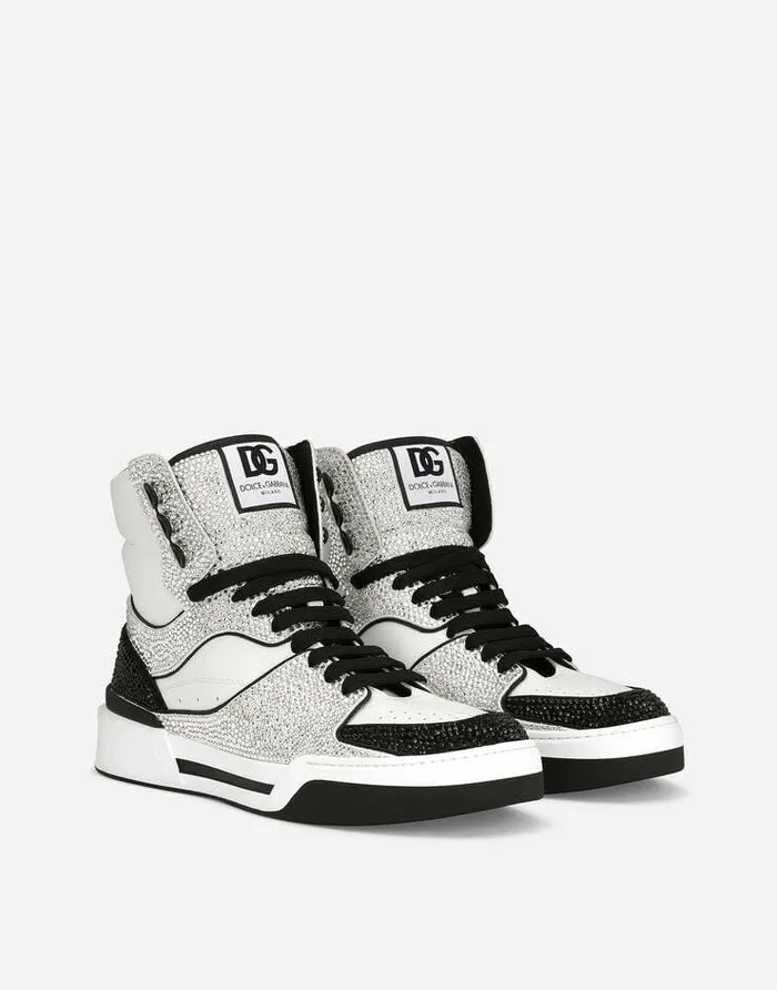 Dolce and Gabbana Sneakers Men Calfskin New Roma Hightop Sneakers With Fusible Rhinestones Multicolor