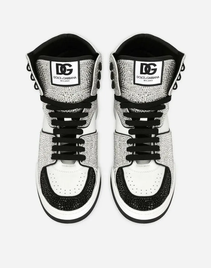 Dolce and Gabbana Sneakers Men Calfskin New Roma Hightop Sneakers With Fusible Rhinestones Multicolor