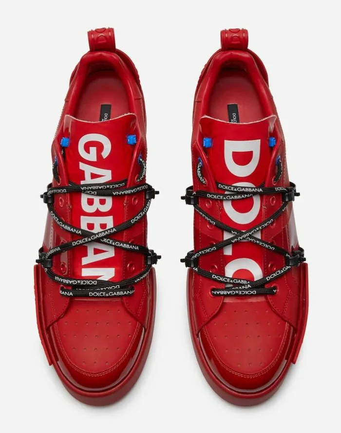 Dolce and Gabbana Sneakers Men Portofino Sneakers In Calfskin And Patent Leather Redwhite