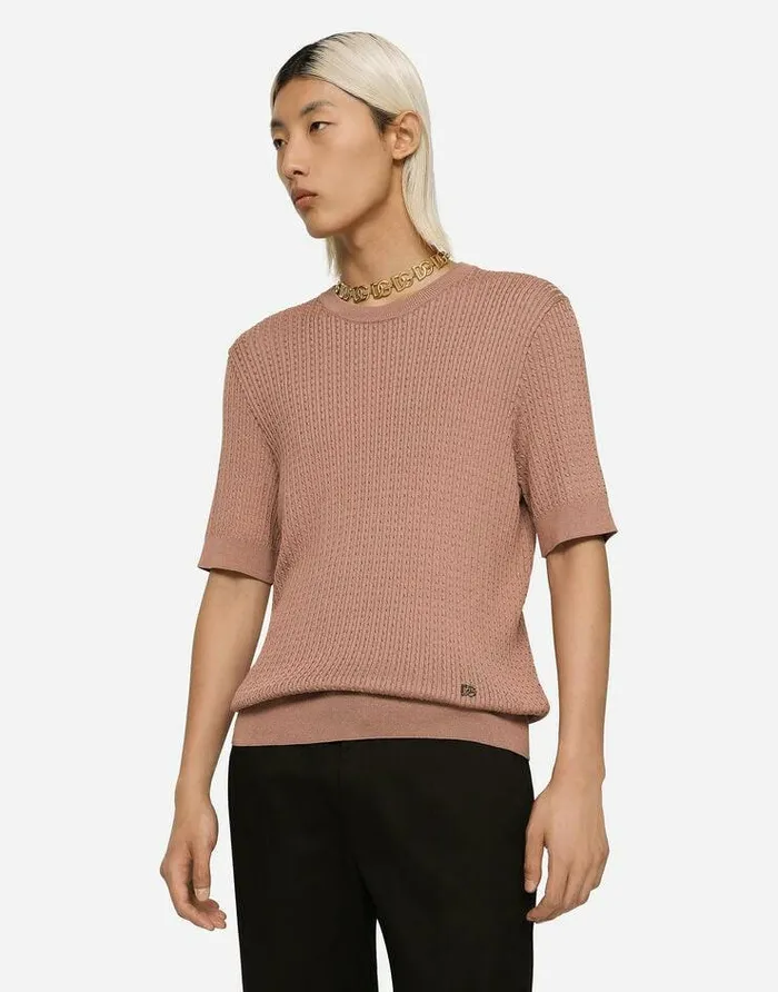 Dolce and Gabbana Sweaters And Cardigans Men Cotton Roundneck Sweater With DG Hardware Pink Dolce and Gabbana Sweaters And Cardigans Men Cotton Roundneck Sweater With DG Hardware Pink
