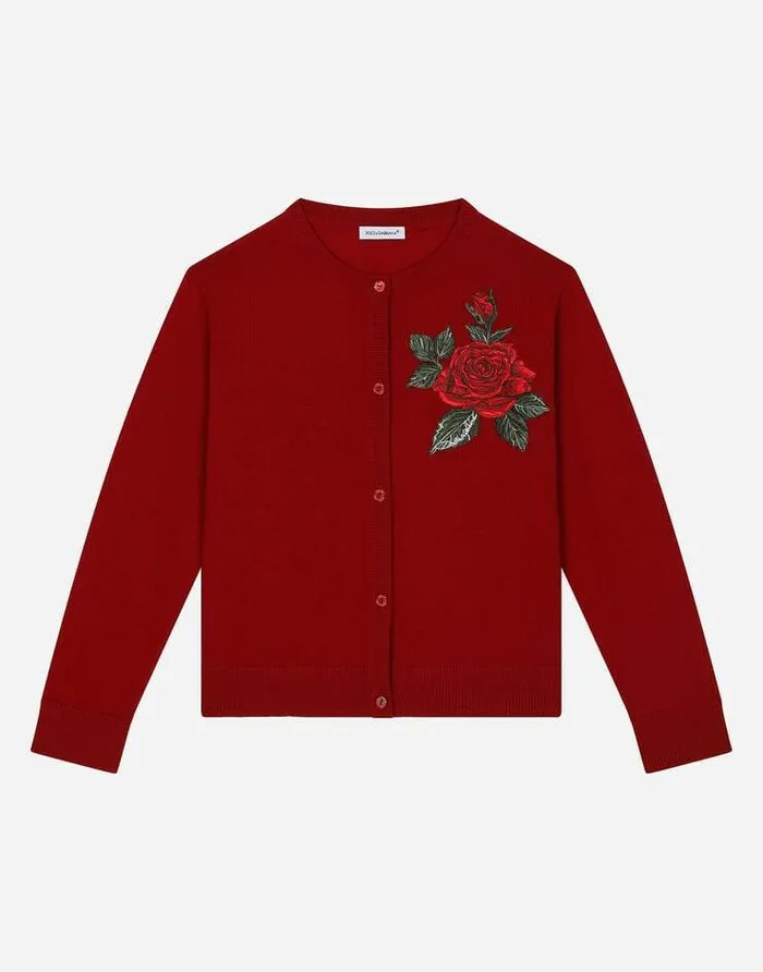 Dolce and Gabbana Sweaters Children Wool Cardigan With Rose Patch Bordeaux