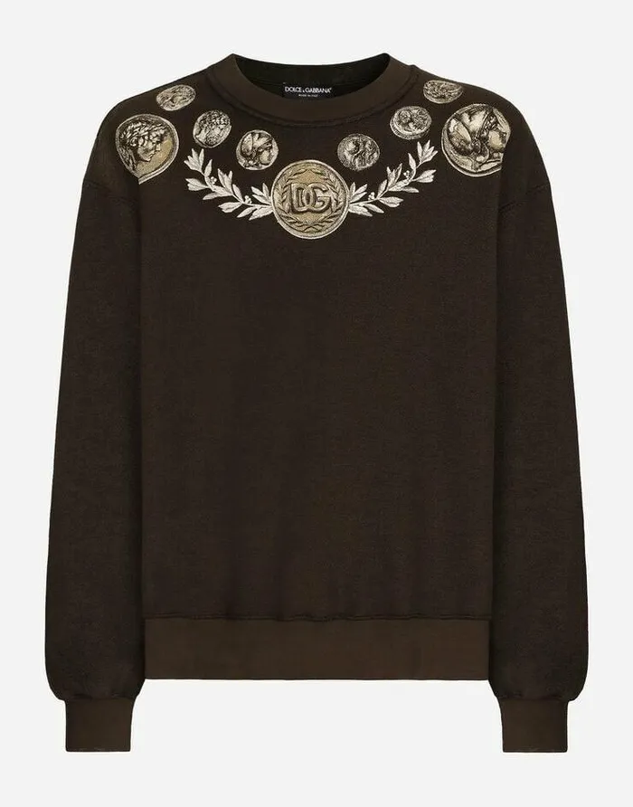 Dolce and Gabbana Sweatshirts Men Coin Print Insideout Jersey Sweatshirt Brown Dolce and Gabbana Sweatshirts Men Coin Print Insideout Jersey Sweatshirt Brown