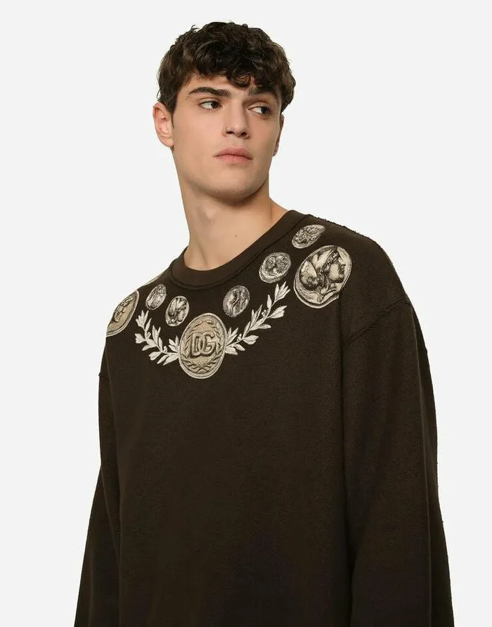 Dolce and Gabbana Sweatshirts Men Coin Print Insideout Jersey Sweatshirt Brown Dolce and Gabbana Sweatshirts Men Coin Print Insideout Jersey Sweatshirt Brown