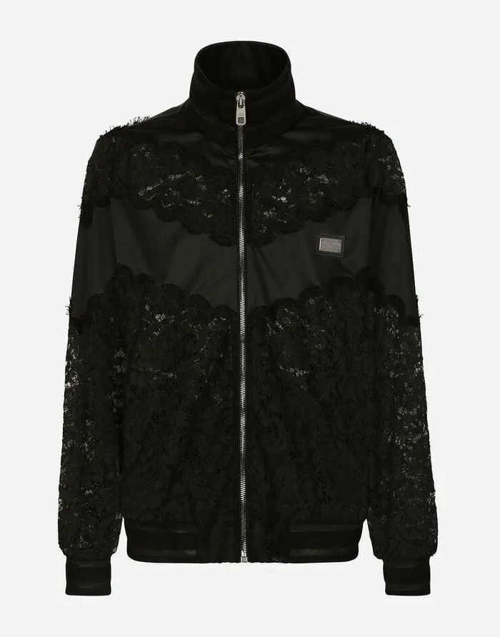 Dolce and Gabbana Sweatshirts Men Cordonetto Lace And Technical Jersey Sweatshirt Black Dolce and Gabbana Sweatshirts Men Cordonetto Lace And Technical Jersey Sweatshirt Black