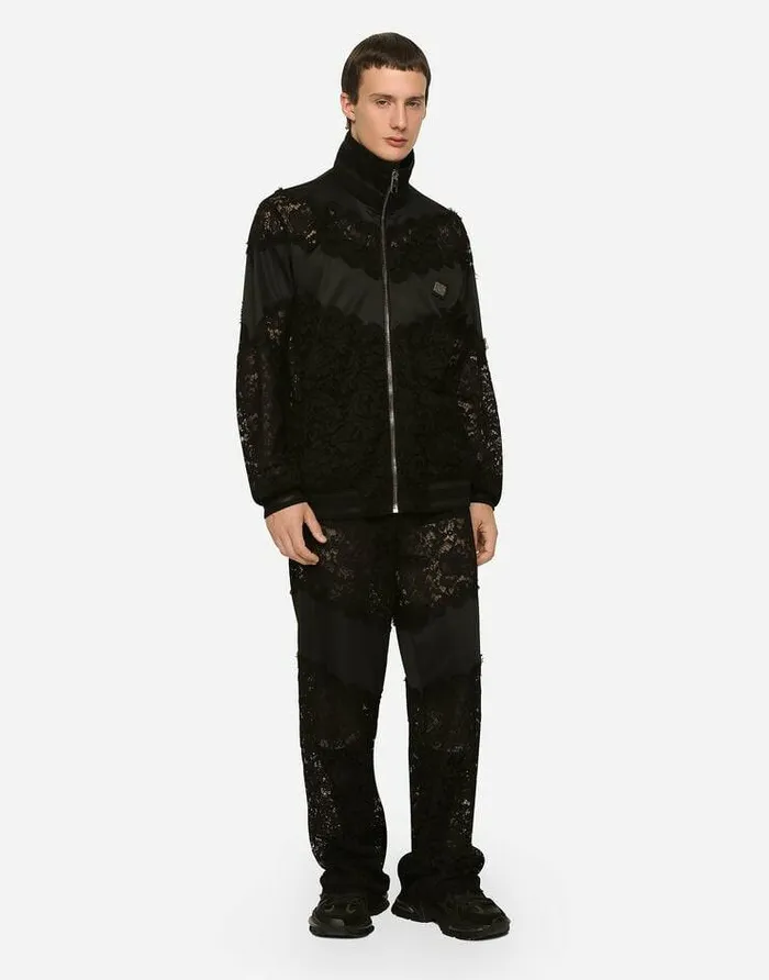 Dolce and Gabbana Sweatshirts Men Cordonetto Lace And Technical Jersey Sweatshirt Black Dolce and Gabbana Sweatshirts Men Cordonetto Lace And Technical Jersey Sweatshirt Black
