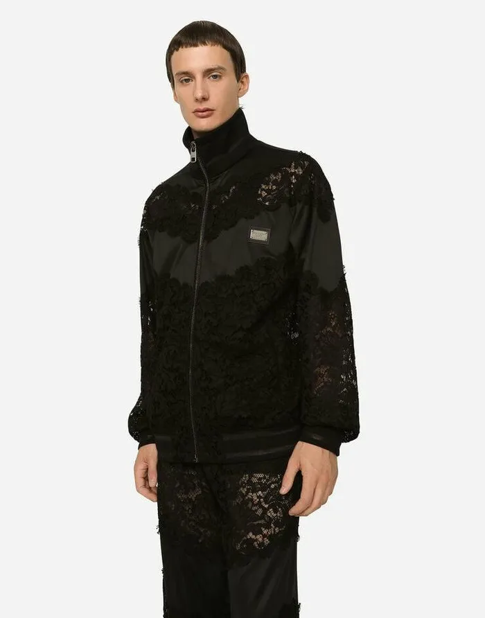 Dolce and Gabbana Sweatshirts Men Cordonetto Lace And Technical Jersey Sweatshirt Black Dolce and Gabbana Sweatshirts Men Cordonetto Lace And Technical Jersey Sweatshirt Black