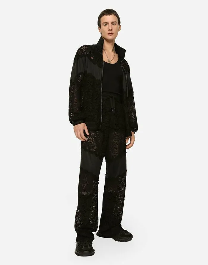 Dolce and Gabbana Sweatshirts Men Cordonetto Lace And Technical Jersey Sweatshirt Black Dolce and Gabbana Sweatshirts Men Cordonetto Lace And Technical Jersey Sweatshirt Black