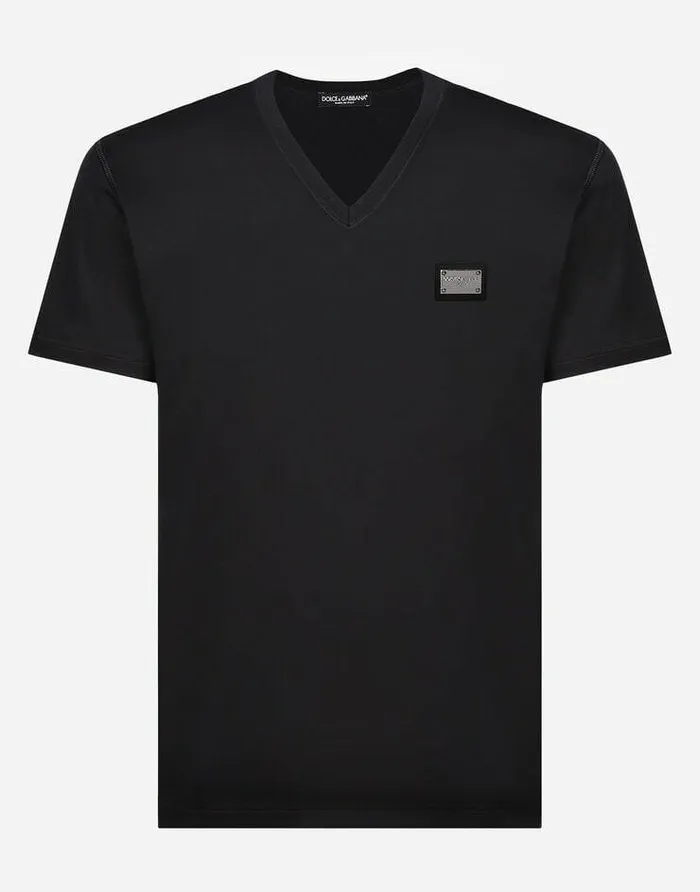 Dolce and Gabbana TShirts And Polos Men Cotton Vneck Tshirt With Branded Tag Blue