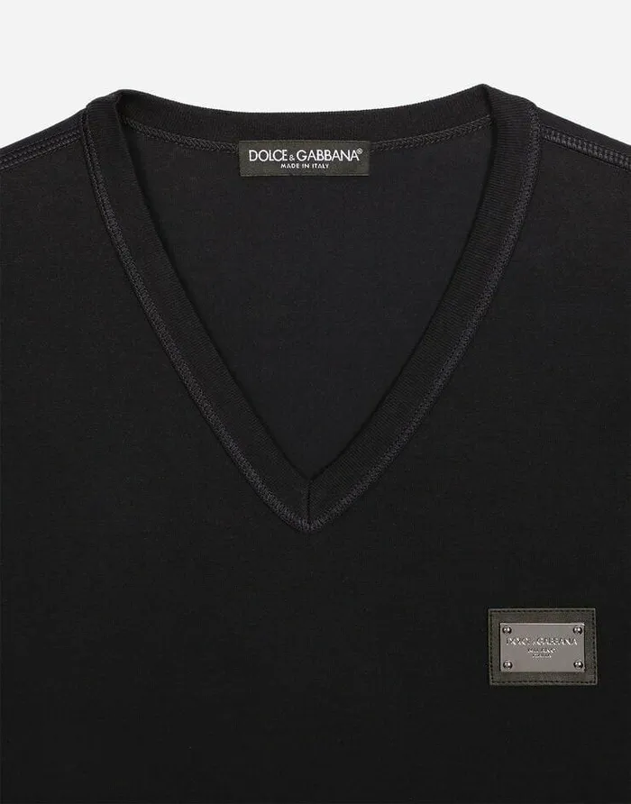 Dolce and Gabbana TShirts And Polos Men Cotton Vneck Tshirt With Branded Tag Blue Dolce and Gabbana TShirts And Polos Men Cotton Vneck Tshirt With Branded Tag Blue