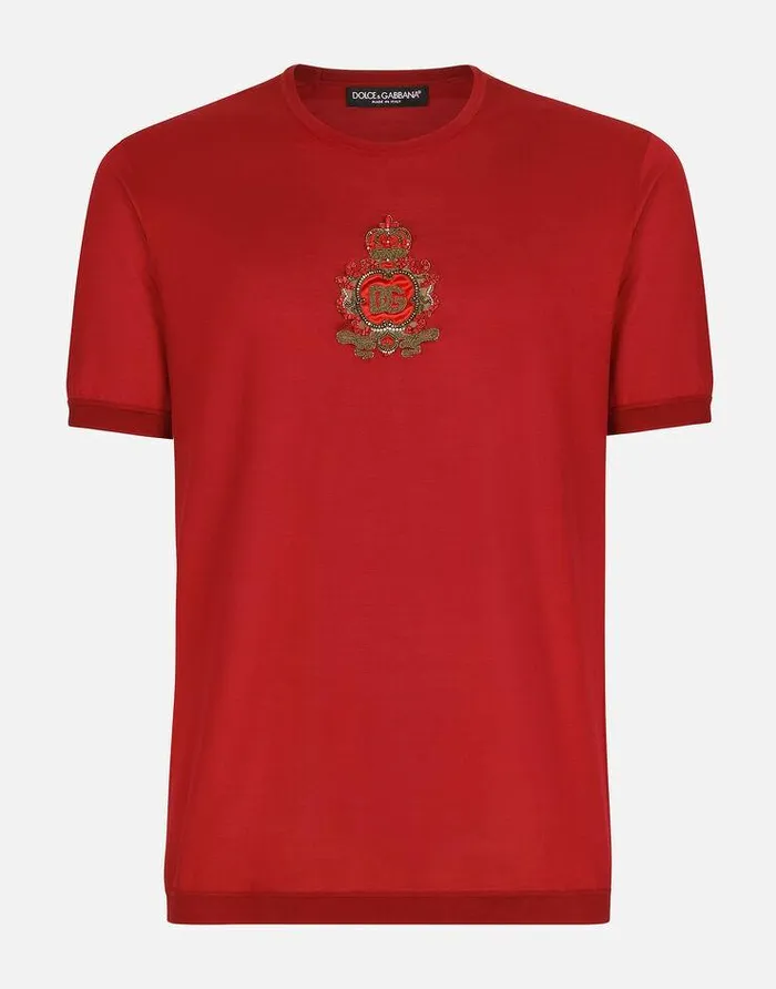 Dolce and Gabbana TShirts And Polos Men Silk Jersey Tshirt With Heraldic DG Patch Bordeaux Dolce and Gabbana TShirts And Polos Men Silk Jersey Tshirt With Heraldic DG Patch Bordeaux
