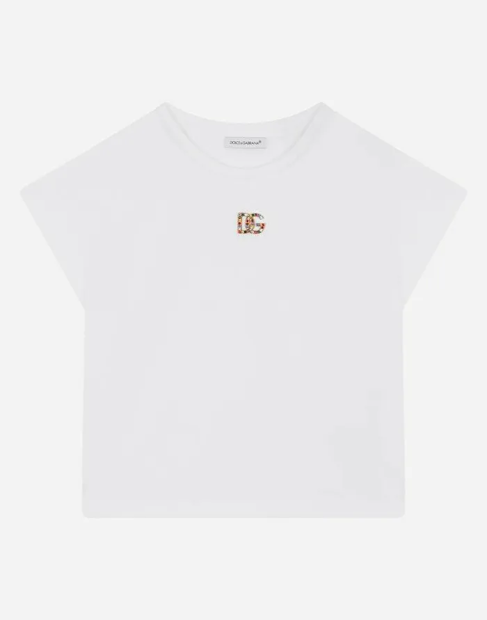 Dolce and Gabbana TShirts And Sweatshirts Children Interlock Tshirt With Rhinestonedetailed DG Logo White Dolce and Gabbana TShirts And Sweatshirts Children Interlock Tshirt With Rhinestonedetailed DG Logo White