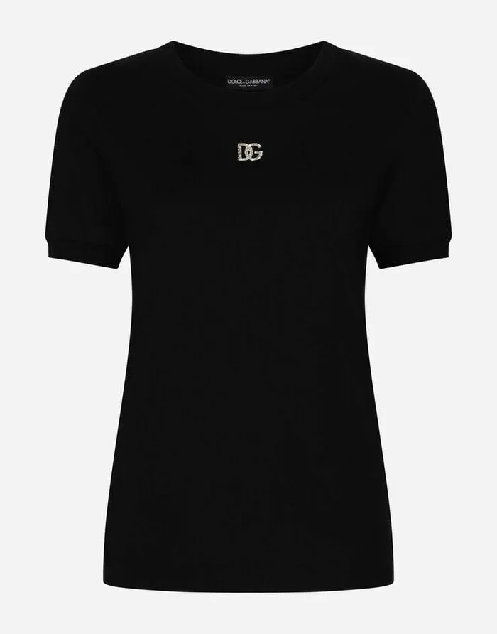 Dolce and Gabbana TShirts And Sweatshirts Women Cotton Tshirt With Crystal DG Logo Black Dolce and Gabbana TShirts And Sweatshirts Women Cotton Tshirt With Crystal DG Logo Black