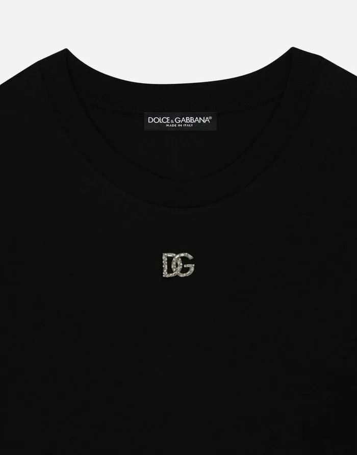 Dolce and Gabbana TShirts And Sweatshirts Women Cotton Tshirt With Crystal DG Logo Black Dolce and Gabbana TShirts And Sweatshirts Women Cotton Tshirt With Crystal DG Logo Black