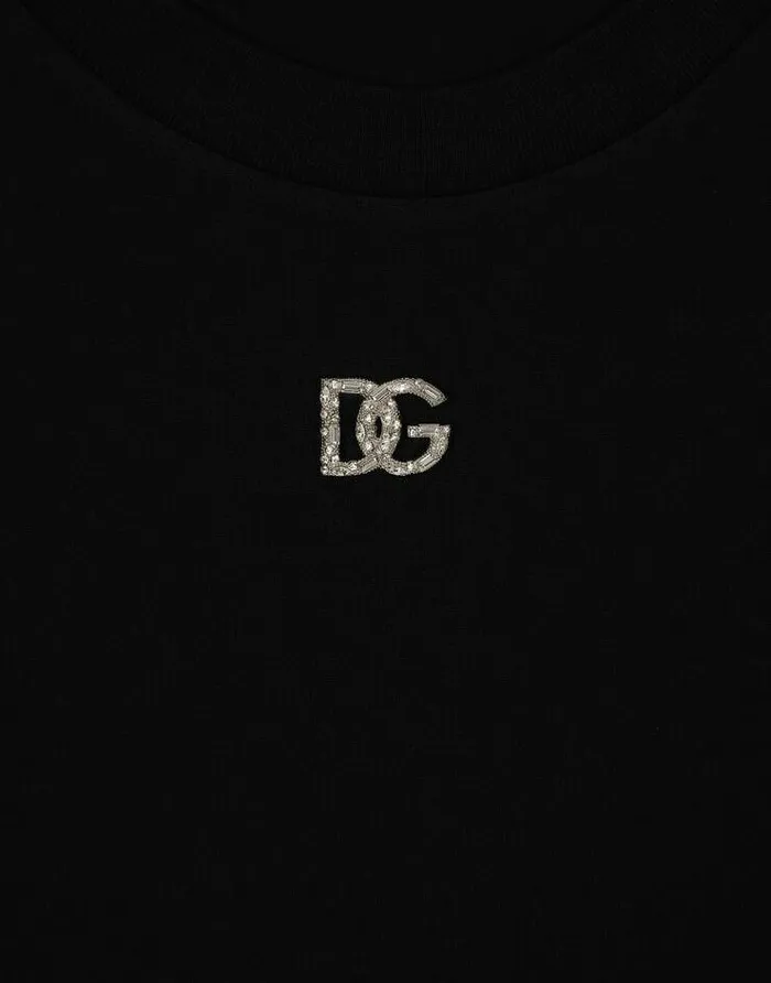 Dolce and Gabbana TShirts And Sweatshirts Women Cotton Tshirt With Crystal DG Logo Black Dolce and Gabbana TShirts And Sweatshirts Women Cotton Tshirt With Crystal DG Logo Black