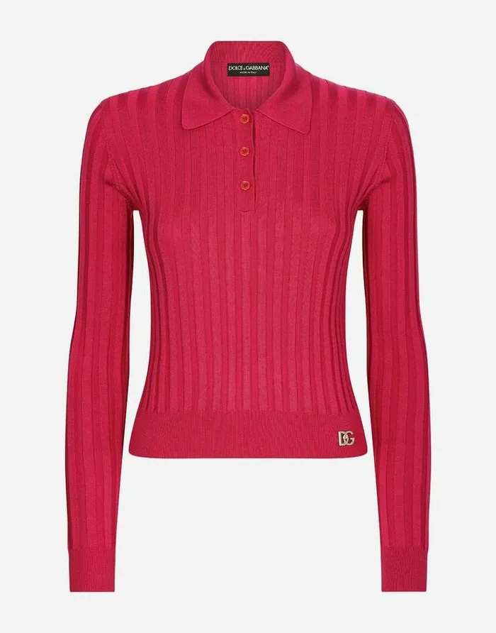 Dolce and Gabbana TShirts And Sweatshirts Women Cropped Polo Shirt In Ribbed Silk Purple Dolce and Gabbana TShirts And Sweatshirts Women Cropped Polo Shirt In Ribbed Silk Purple