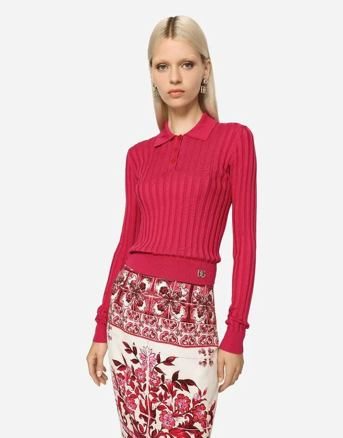 Dolce and Gabbana TShirts And Sweatshirts Women Cropped Polo Shirt In Ribbed Silk Purple Dolce and Gabbana TShirts And Sweatshirts Women Cropped Polo Shirt In Ribbed Silk Purple