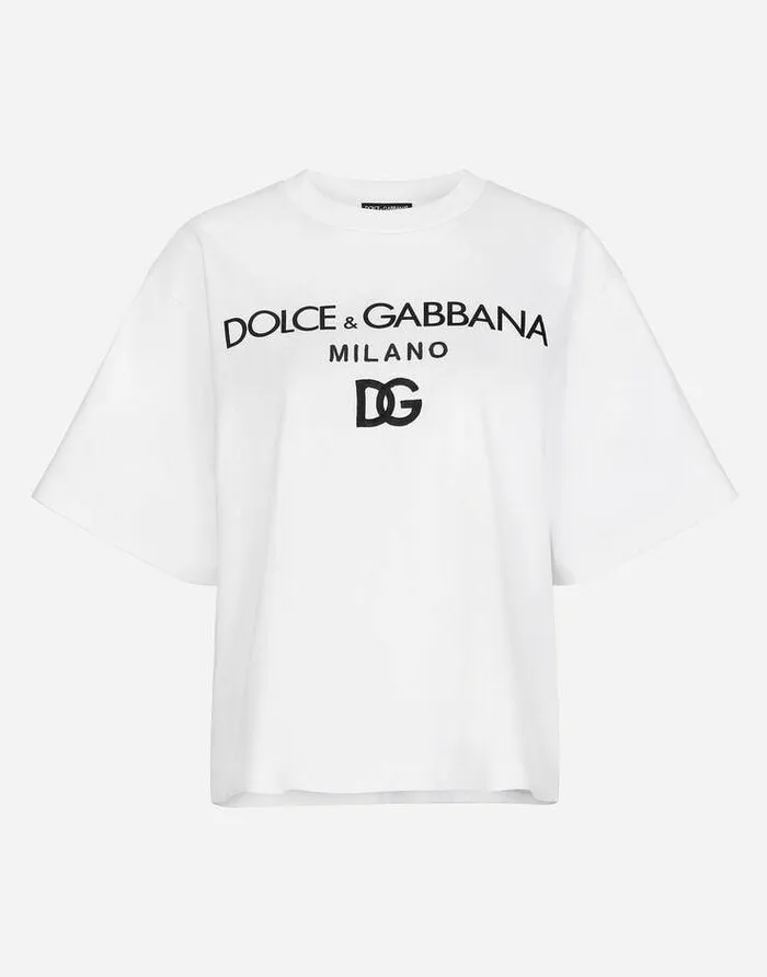 Dolce and Gabbana TShirts And Sweatshirts Women Jersey Tshirt With Flocked Logo Print White Dolce and Gabbana TShirts And Sweatshirts Women Jersey Tshirt With Flocked Logo Print White