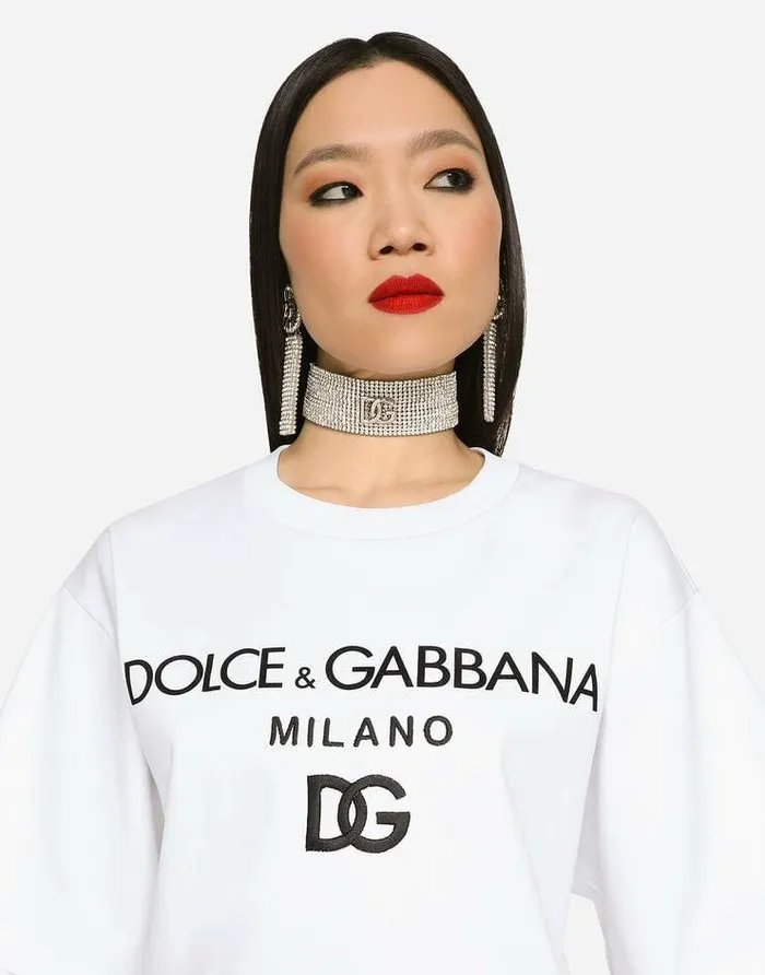 Dolce and Gabbana TShirts And Sweatshirts Women Jersey Tshirt With Flocked Logo Print White Dolce and Gabbana TShirts And Sweatshirts Women Jersey Tshirt With Flocked Logo Print White