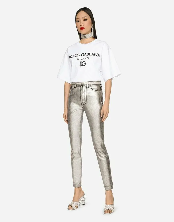Dolce and Gabbana TShirts And Sweatshirts Women Jersey Tshirt With Flocked Logo Print White Dolce and Gabbana TShirts And Sweatshirts Women Jersey Tshirt With Flocked Logo Print White