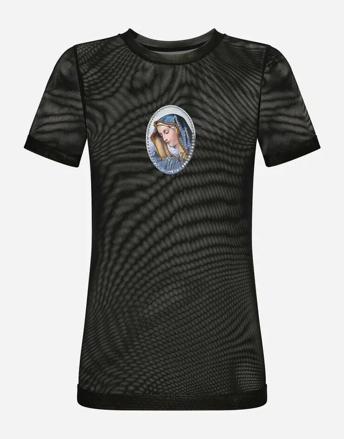 Dolce and Gabbana TShirts And Sweatshirts Women Tulle Tshirt With Sacred Image Patch Multicolor Dolce and Gabbana TShirts And Sweatshirts Women Tulle Tshirt With Sacred Image Patch Multicolor