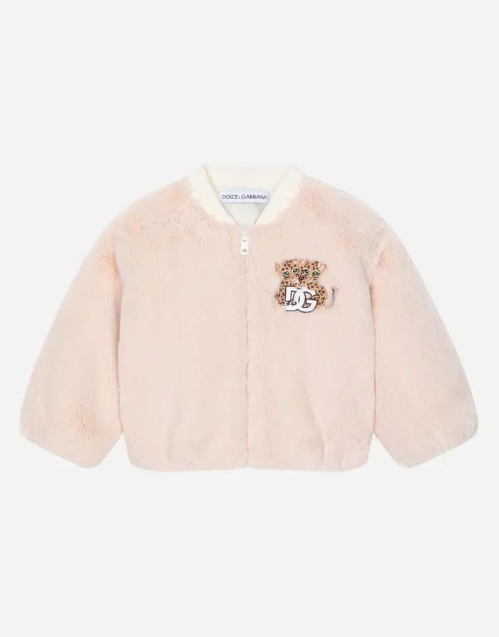 Dolce and Gabbana Topwear Children Faux Fur Bomber Jacket With Embroidered Baby Leopard Patch Beige Dolce and Gabbana Topwear Children Faux Fur Bomber Jacket With Embroidered Baby Leopard Patch Beige