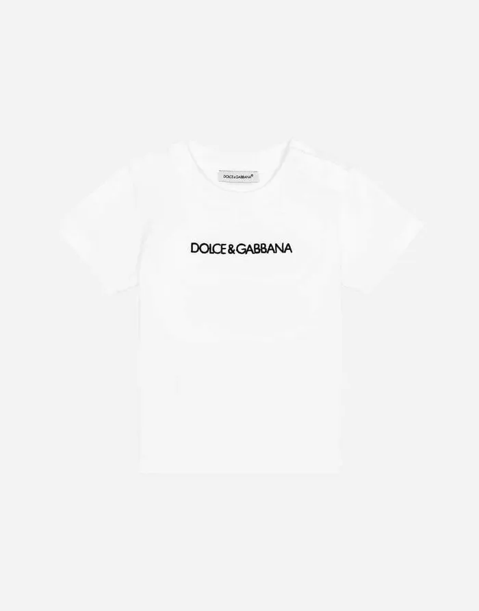 Dolce and Gabbana Topwear Children Jersey Tshirt With Logo Embroidery White