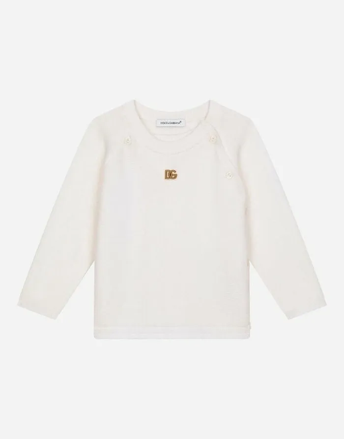 Dolce and Gabbana Topwear Children Roundneck Sweater With DG Logo White
