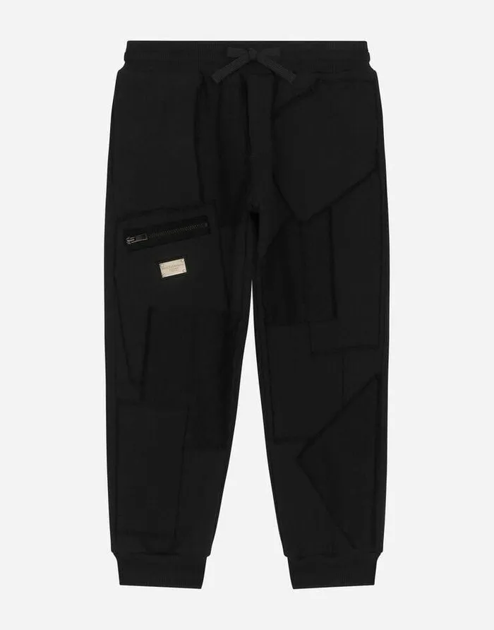 Dolce and Gabbana Trousers And Shorts Children Jersey Jogging Pants With Patchwork Black Dolce and Gabbana Trousers And Shorts Children Jersey Jogging Pants With Patchwork Black