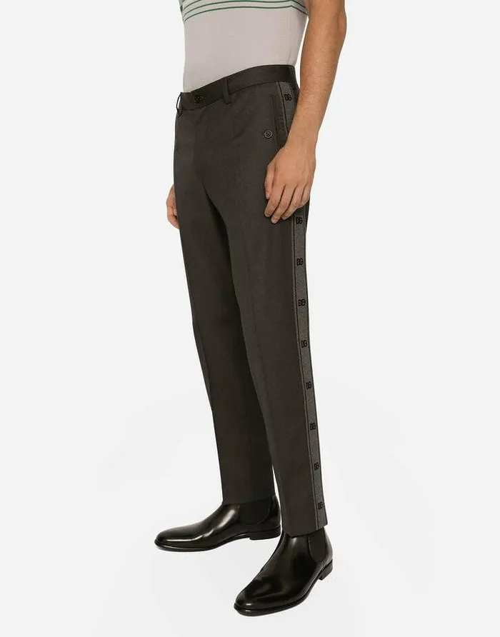 Dolce and Gabbana Trousers And Shorts Men Stretch Wool Pants With Side Bands Grey Dolce and Gabbana Trousers And Shorts Men Stretch Wool Pants With Side Bands Grey