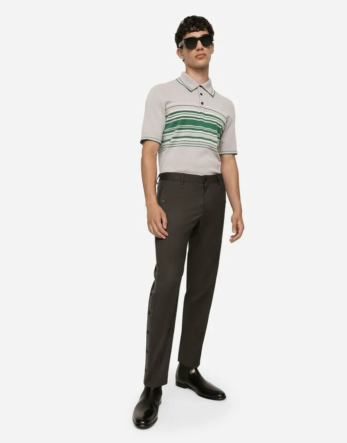 Dolce and Gabbana Trousers And Shorts Men Stretch Wool Pants With Side Bands Grey Dolce and Gabbana Trousers And Shorts Men Stretch Wool Pants With Side Bands Grey