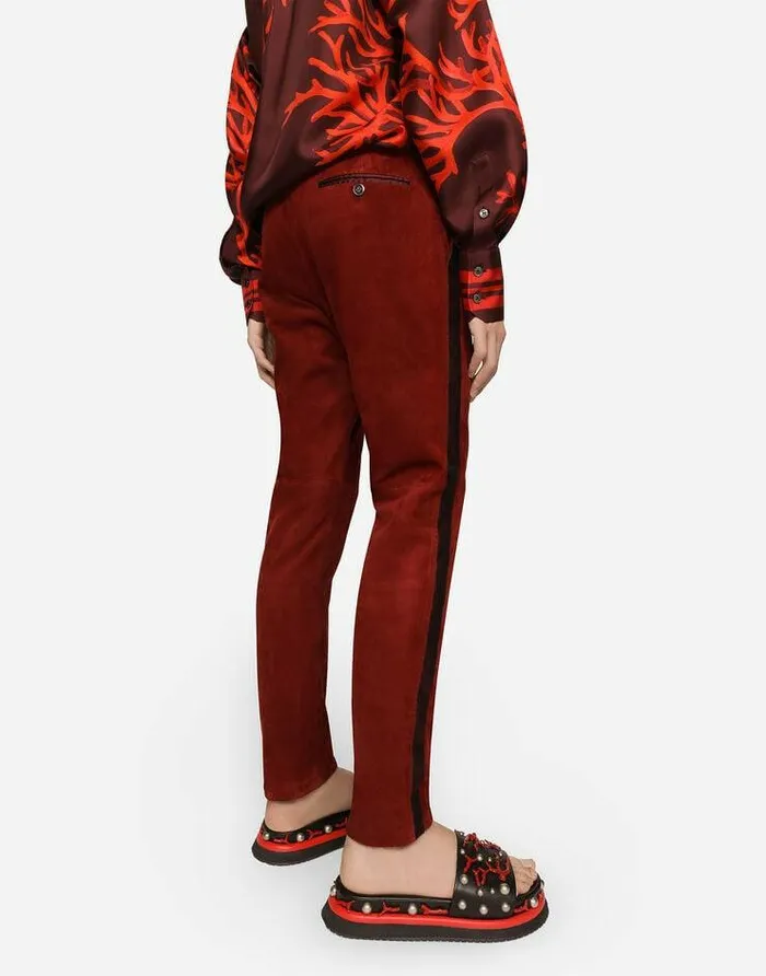 Dolce and Gabbana Trousers And Shorts Men Suede Pants With Silk Details Bordeaux Dolce and Gabbana Trousers And Shorts Men Suede Pants With Silk Details Bordeaux