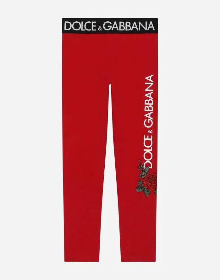 Dolce and Gabbana Trousers And Skirts Children Interlock Leggings With Logo And Rose Print Bordeaux Dolce and Gabbana Trousers And Skirts Children Interlock Leggings With Logo And Rose Print Bordeaux