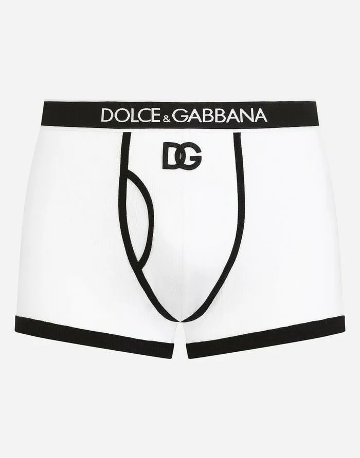 Dolce and Gabbana Underwear And Loungewear Men Finerib Cotton Boxers With DG Logo Whiteblack Dolce and Gabbana Underwear And Loungewear Men Finerib Cotton Boxers With DG Logo Whiteblack