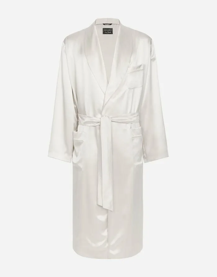 Dolce and Gabbana Underwear And Loungewear Men Silk Satin Robe With Metal DG Logo White Dolce and Gabbana Underwear And Loungewear Men Silk Satin Robe With Metal DG Logo White
