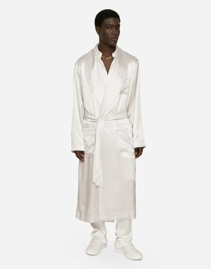 Dolce and Gabbana Underwear And Loungewear Men Silk Satin Robe With Metal DG Logo White Dolce and Gabbana Underwear And Loungewear Men Silk Satin Robe With Metal DG Logo White